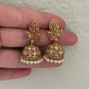 Gold Plated and White Jhumka Earrings